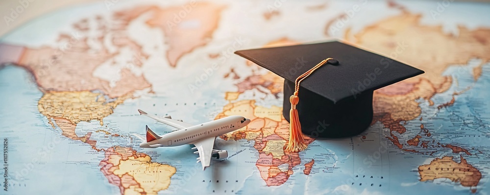 Graduation cap and airplane model standing on world map symbolizing ...