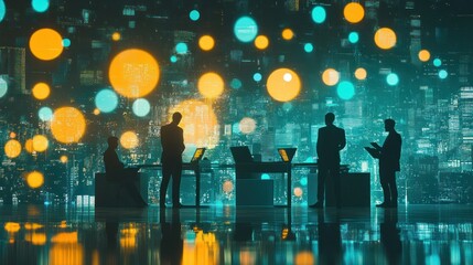 Poster - Silhouetted figures in a tech-inspired office setting with a colorful digital backdrop.