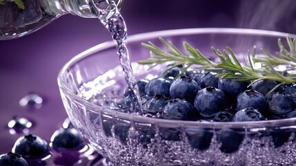 Canvas Print - Fresh blueberries being poured with water, garnished with rosemary in a clear bowl.