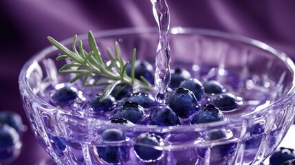 Poster - A clear bowl filled with blueberries and rosemary, with water being poured in.