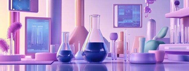 Aufkleber - A vibrant laboratory scene with various glassware and digital displays, emphasizing scientific research.