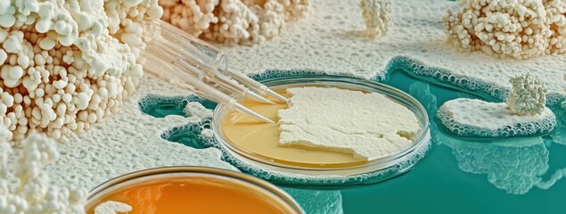 Aufkleber - Laboratory scene with petri dishes and pipettes, showcasing microbial growth and experimentation.