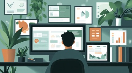 Aufkleber - A person working at a desk surrounded by data visualizations and plants.