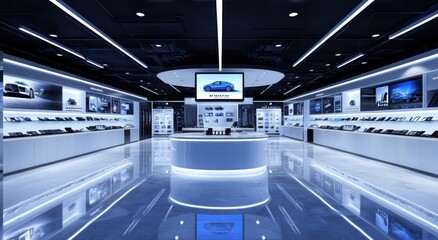 Poster - Modern showroom featuring sleek displays of cars and technology.