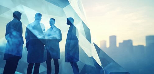 Poster - Abstract representation of professionals discussing in a futuristic setting.