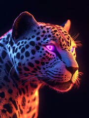 Poster - A vibrant, stylized leopard with glowing purple eyes, set against a dark background.