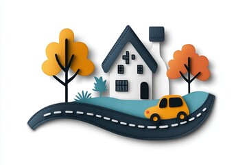 Aufkleber - A 2D illustration of a colorful car driving on a winding road, set on a clean white background