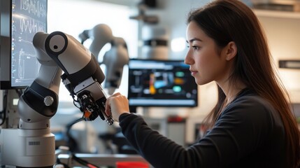 Aufkleber - In a high-tech laboratory, a woman engages with a robotic arm, showcasing her expertise in artificial intelligence.