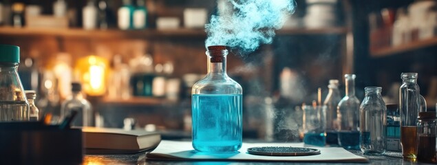 Aufkleber - A laboratory scene featuring a blue liquid in a flask, emitting steam.