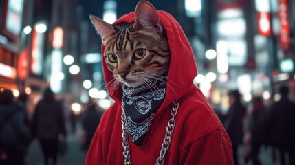Leinwandbilder - A surreal image of a cat with a human-like body in a bustling urban setting.