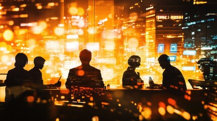 Aufkleber - Silhouetted figures in a cityscape, discussing in a modern setting with vibrant lights.