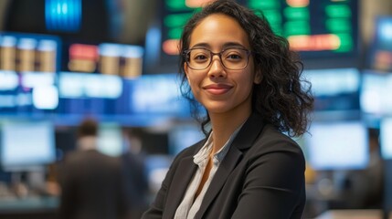 Poster - A woman in a smart black suit stands proudly, smiling amid a busy financial trading floor filled with screens displaying data and updates. The atmosphere is lively and dynamic.