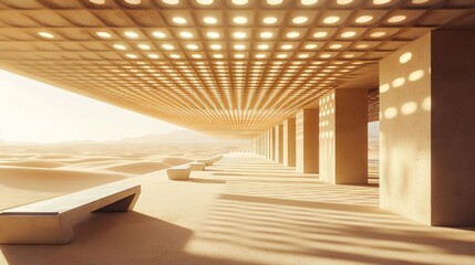 Leinwandbilder - A modern architectural structure with light patterns illuminating a sandy landscape.