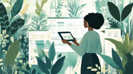 Poster - A person analyzes data on a tablet surrounded by lush greenery.