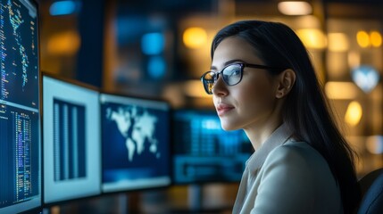 Poster - A professional woman with glasses analyzes data on multiple computer screens in a modern workspace. The warm lighting and high-tech environment create an engaging atmosphere for her concentration.