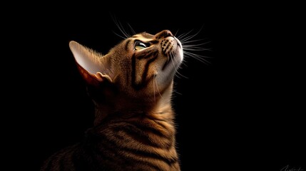 Poster - A close-up profile of a cat gazing upwards against a dark background.