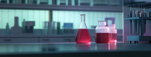 Aufkleber - A laboratory scene featuring flasks with red liquid, suggesting scientific experimentation.