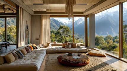 Poster - A cozy, modern living space with large windows showcasing stunning mountain views.