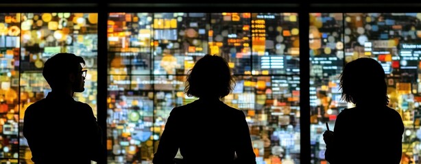Poster - Silhouetted figures observing a vibrant, illuminated display of data or information.