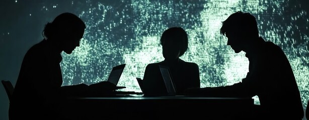 Aufkleber - Silhouettes of individuals working on laptops against a textured background.