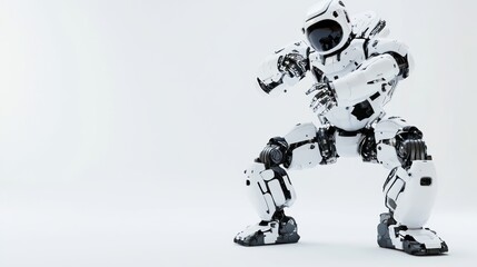 Fototapete - A futuristic humanoid robot in a dynamic pose against a minimalistic background.