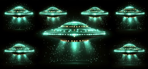 Wall Mural - a contemporary realistic depiction of 3d ufos, featuring alien spacecraft that emit green light beam