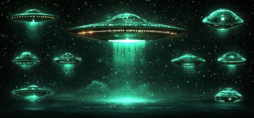 Wall Mural - a modern, realistic illustration of 3d ufos, portraying contemporary alien spacecraft that emit gree