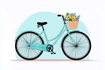 Aufkleber - A simple flat design of a bicycle with a flower basket, rendered in soft pastel colors on a clean white background