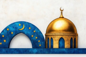 Poster - A simple illustration of a Byzantine dome with stars and moons in gold and blue, rendered in a clean, elegant style on a white background