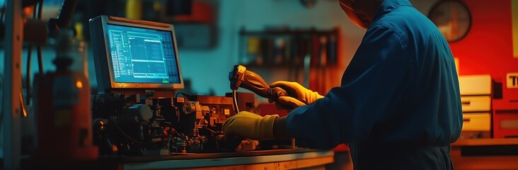 Aufkleber - A technician working with tools and a computer in a dimly lit workshop.