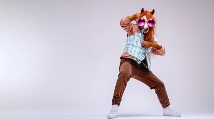 Leinwandbilder - A person wearing a horse mask and sunglasses, posing playfully in a studio setting.