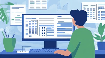 Aufkleber - A person working at a computer surrounded by documents and plants in a modern workspace.