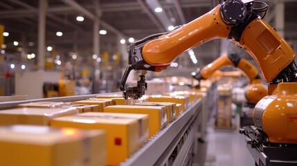 Wall Mural - automated robotic arms sorting packages with precision, enhancing the speed and efficiency of wareho