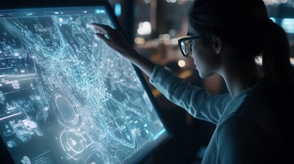 Leinwandbilder - A professional woman interacts with a futuristic digital interface displaying complex data in a dimly lit control room. Her focus is evident as she analyzes information to make decisions.