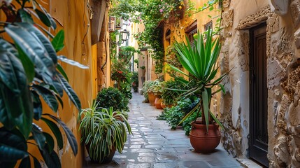 Wall Mural - A charming alleyway adorned with vibrant plants and warm-colored walls, inviting exploration and relaxation.