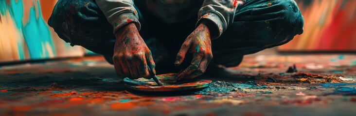 Aufkleber - A person creating art using paint on a plate, surrounded by colorful splashes.