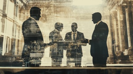 Poster - Business professionals engaged in discussion, overlaid with abstract graphics.
