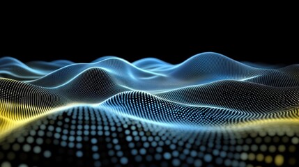 Aufkleber - Abstract digital landscape with flowing waves and dotted patterns in blue and yellow hues.
