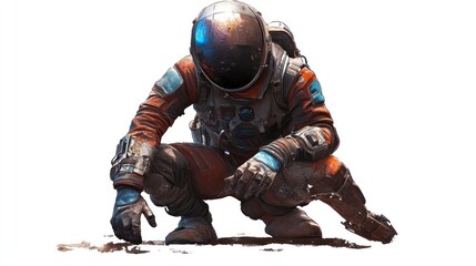 Aufkleber - An astronaut crouches on an alien surface, examining the ground with curiosity.