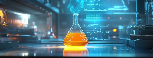 Aufkleber - A glowing flask in a high-tech lab, showcasing scientific experimentation.