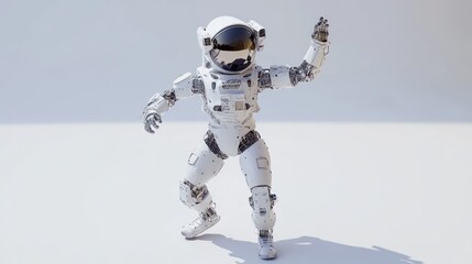 Fototapete - A robotic astronaut figure posed in a dynamic dance-like stance.
