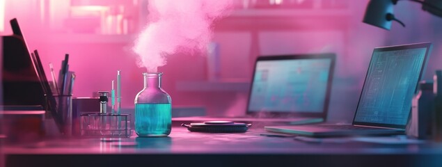 Leinwandbilder - A laboratory scene with a glowing flask emitting vapor, surrounded by laptops and tools.