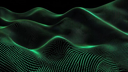 Poster - Abstract digital landscape with flowing waves and glowing dots in green tones.
