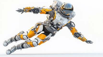 Leinwandbilder - A futuristic astronaut in a sleek orange and gray suit, simulating zero-gravity movement.