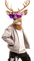 Leinwandbilder - A person with a deer head wearing sunglasses and a hoodie, striking a casual pose.