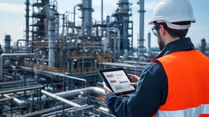 Wall Mural - engineer using digital systems to monitor fuel processing operations on a tablet