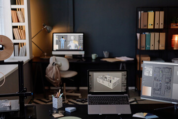 Fototapete - Design studio with various computer screens displaying 3D model renderings, showcasing detailed interior layouts and modern digital design equipment on large desks
