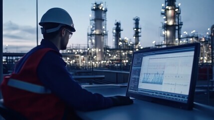 Wall Mural - futuristic monitoring systems in a gas processing facility, tracking real-time industrial operations