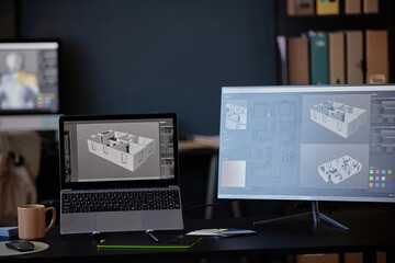 Leinwandbilder - Dual monitors showing detailed 3D renderings of architectural designs in professional workspace. Mug, phone, and stylus on desk setup showcasing workspace essentials