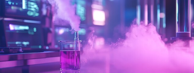 Poster - A laboratory scene featuring a glowing purple liquid and vapor, suggesting scientific experimentation.